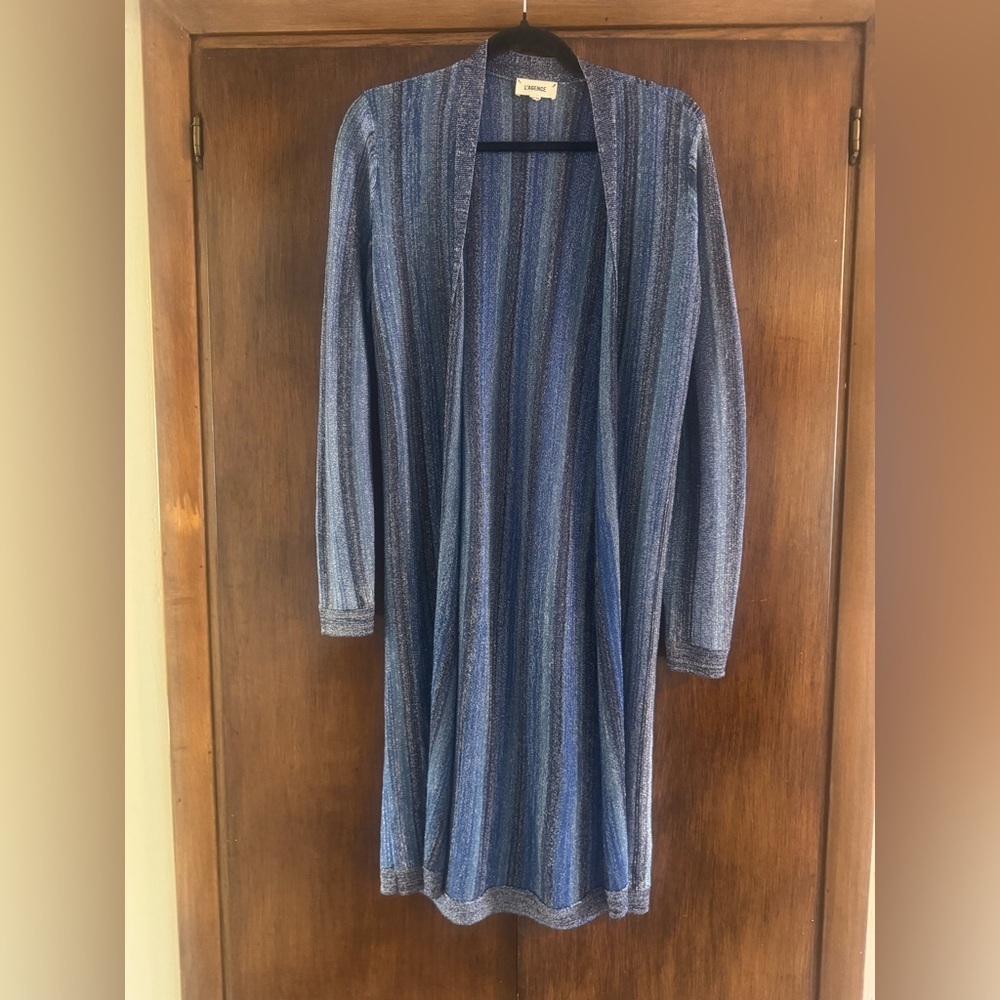 L'AGENCE Knit Striped Berkeley Wrap Cardigan Metallic Med Retail $395